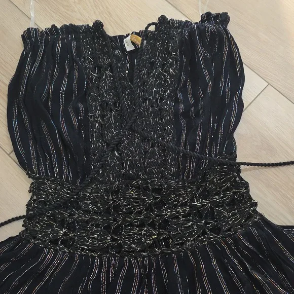 Black Strapless Gold Metallic Lace Dress Beach Cover-up